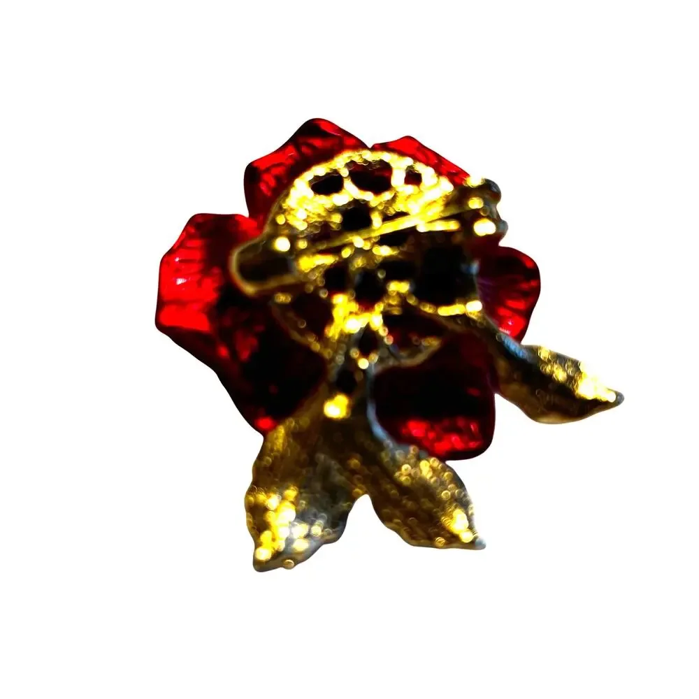 Deep Red Rosebud brooch stacked dimensional frosted textured on goldtone setting